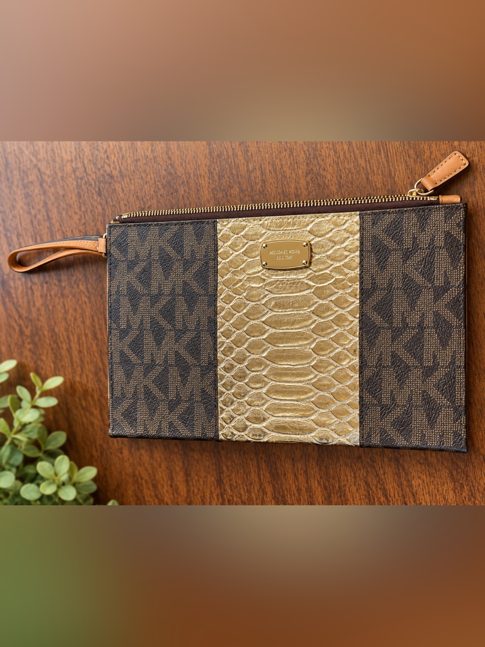 Michael Kors Brown Monogram & Gold Panel Wristlet Clutch